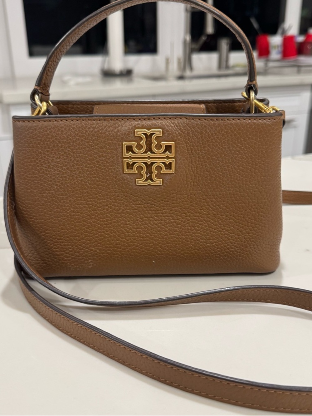 Tory Burch Chestnut Brown Pebbled Leather Top-Handle Crossbody